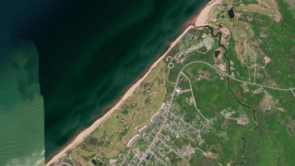 Aerial view of Inverness Beach Village Campground and surroundings