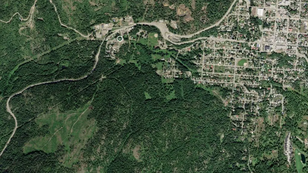 Aerial view of Rossland Lions Community Campground and surroundings