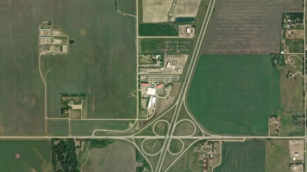Aerial view of Frank Mickey Stampede Park Campground and surroundings