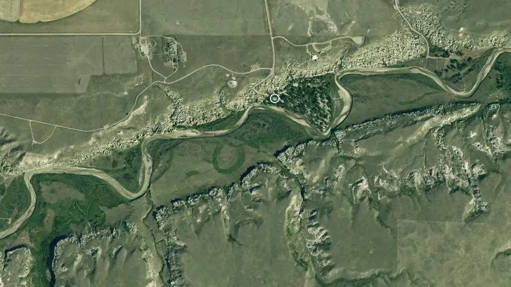 Aerial view of Writing-on-Stone Campground, Writing-on-Stone Provincial Park and surroundings