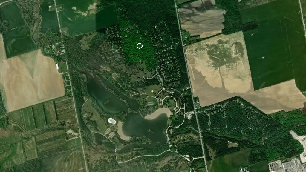 Aerial view of Earl Rowe Provincial Park - West Side Campground and surroundings