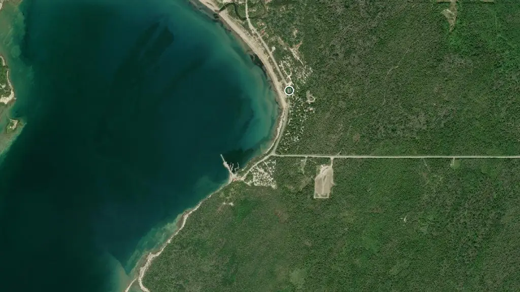 Aerial view of Providence Bay Tent & Trailer Park and surroundings