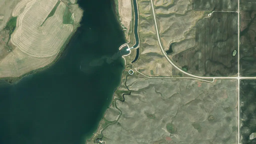Aerial view of Travers Reservoir Provincial Recreation Area and surroundings