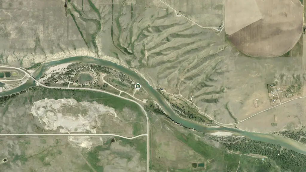 Aerial view of Three Rivers Group Use, Oldman Dam Provincial Recreation Area and surroundings