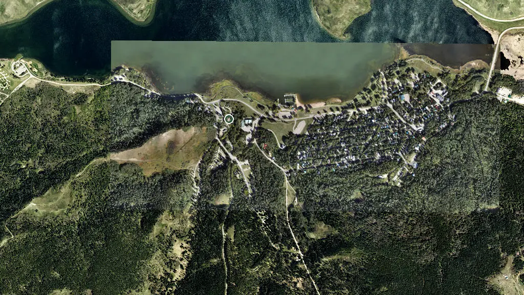 Aerial view of Lakeview Campground, Cypress Hills Provincial Park and surroundings