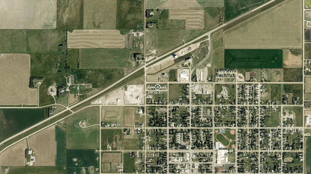 Aerial view of Magrath Mobile Home Park and surroundings