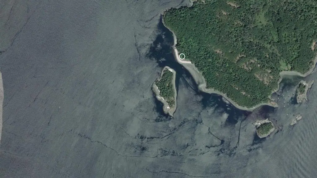 Aerial view of Shell Beach Campground, Gulf Islands National Park Reserve, Parks Canada and surroundings
