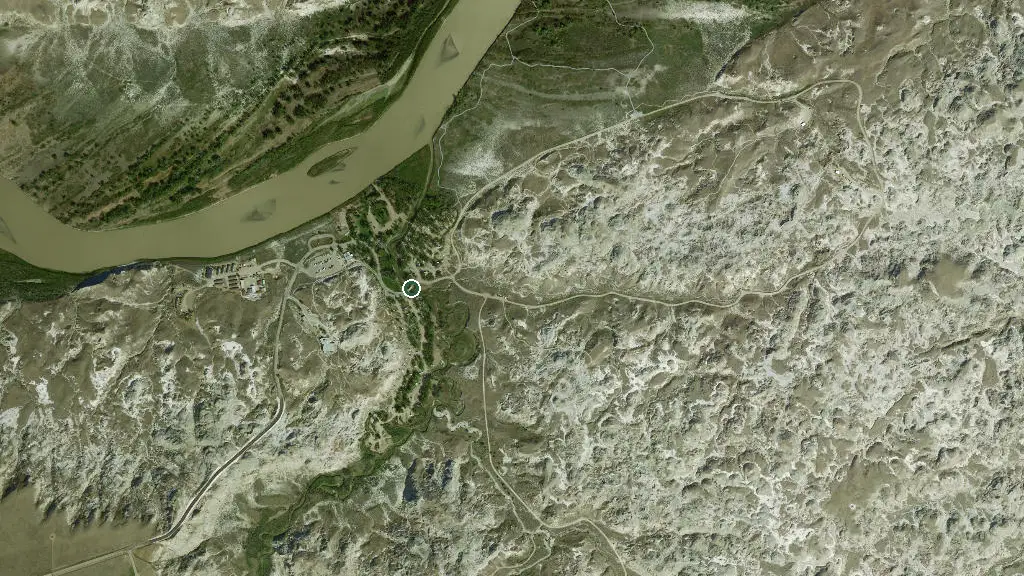 Aerial view of Dinosaur Campground, Dinosaur Provincial Park and surroundings