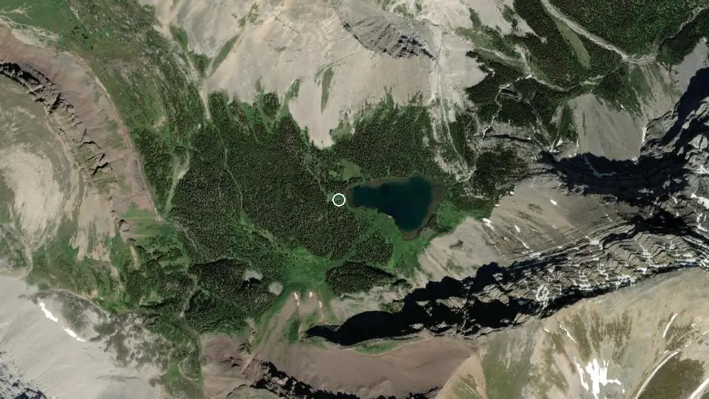 Aerial view of Ribbon Lake Backcountry Campground and surroundings