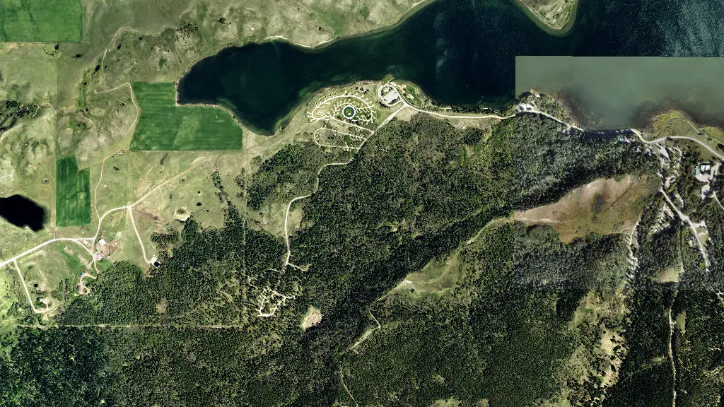 Aerial view of Firerock Campground, Cypress Hills Provincial Park and surroundings