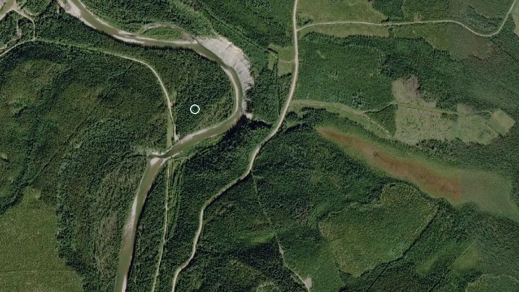 Aerial view of McLeod River Group Campground and surroundings