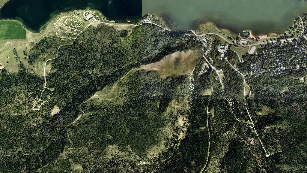 Aerial view of Old Baldy Campground, Cypress Hills Provincial Park and surroundings