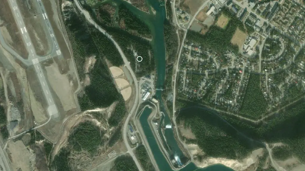 Aerial view of Robert Service Campground and surroundings