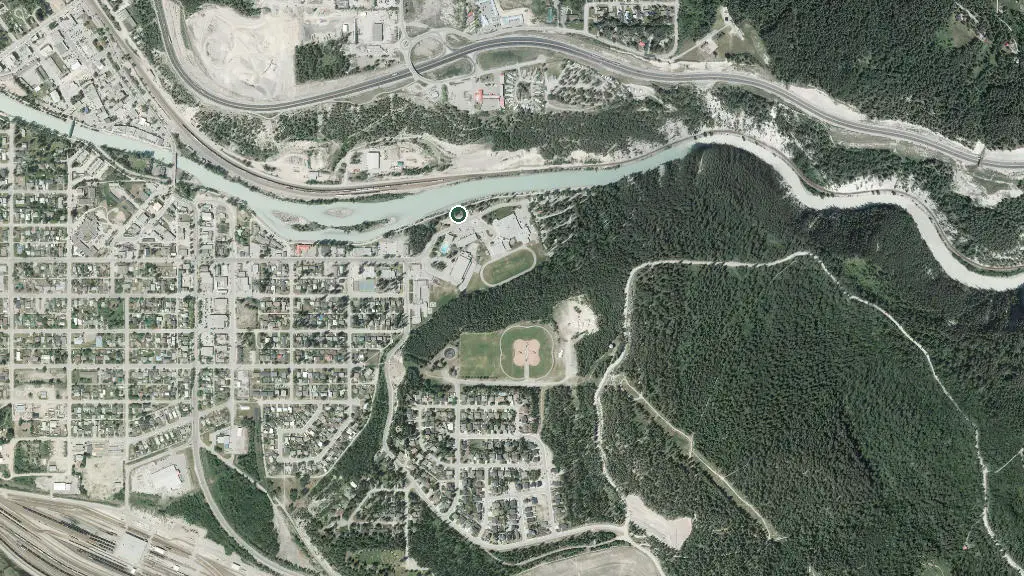 Aerial view of Golden Municipal Campground and surroundings