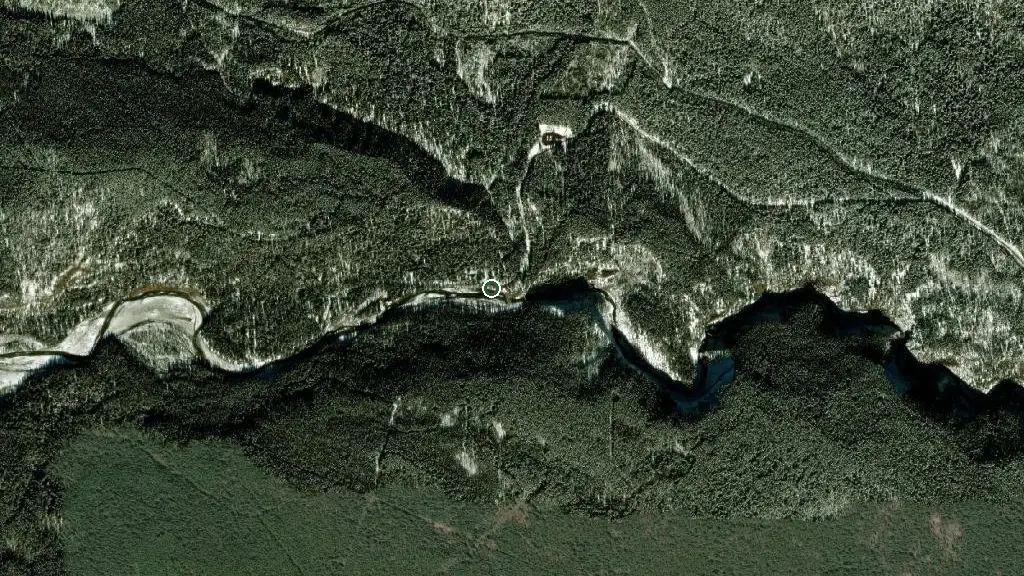 Aerial view of Crescent Falls Provincial Recreation Area and surroundings