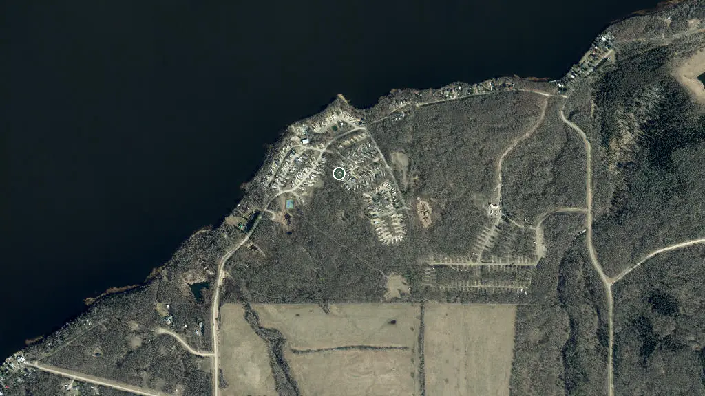 Aerial view of Sunset Shores RV Resort and surroundings