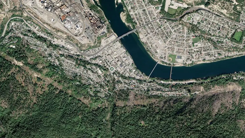 Aerial view of City of Trail RV Park and surroundings