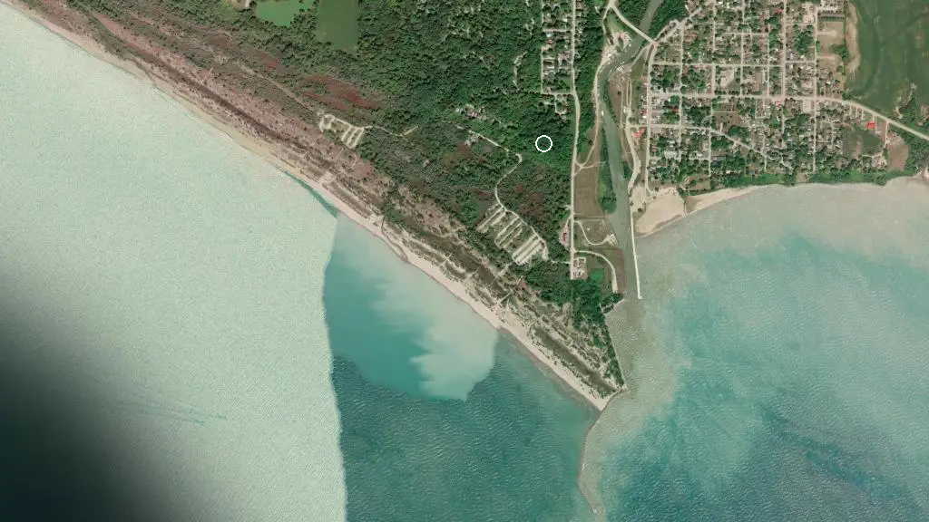 Aerial view of Port Burwell Provincial Park - Group Campground and surroundings