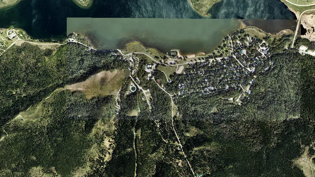 Aerial view of Beaver Creek Campground, Cypress Hills Provincial Park and surroundings