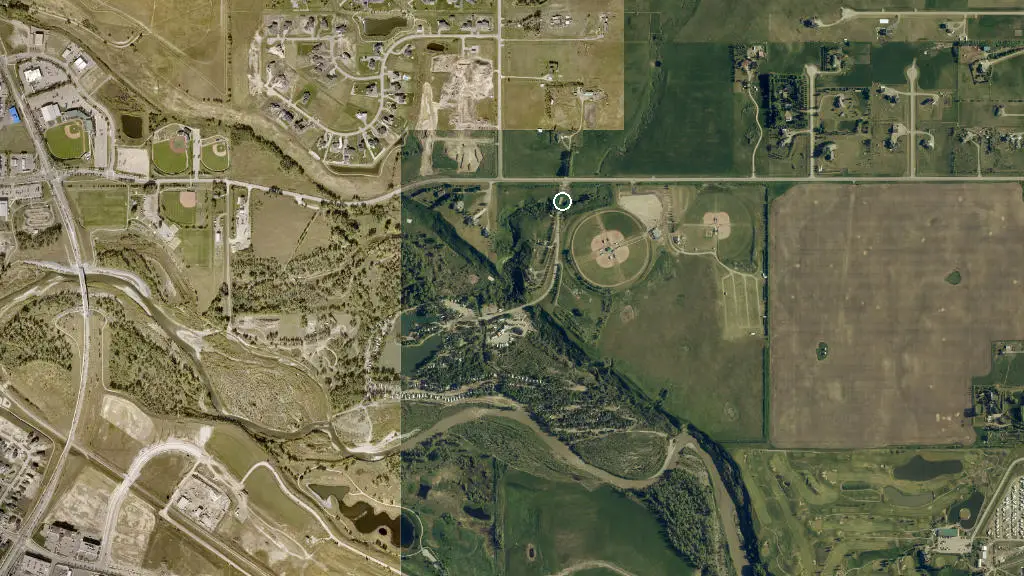 Aerial view of Riverbend Campground Okotoks and surroundings