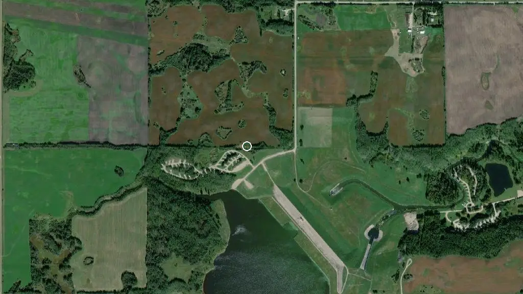 Aerial view of Paddle River Dam Campground and surroundings