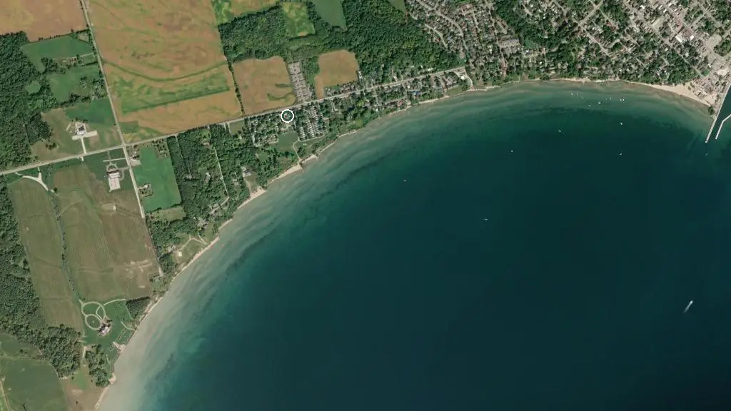 Aerial view of Shore Acres Trailer Park and surroundings