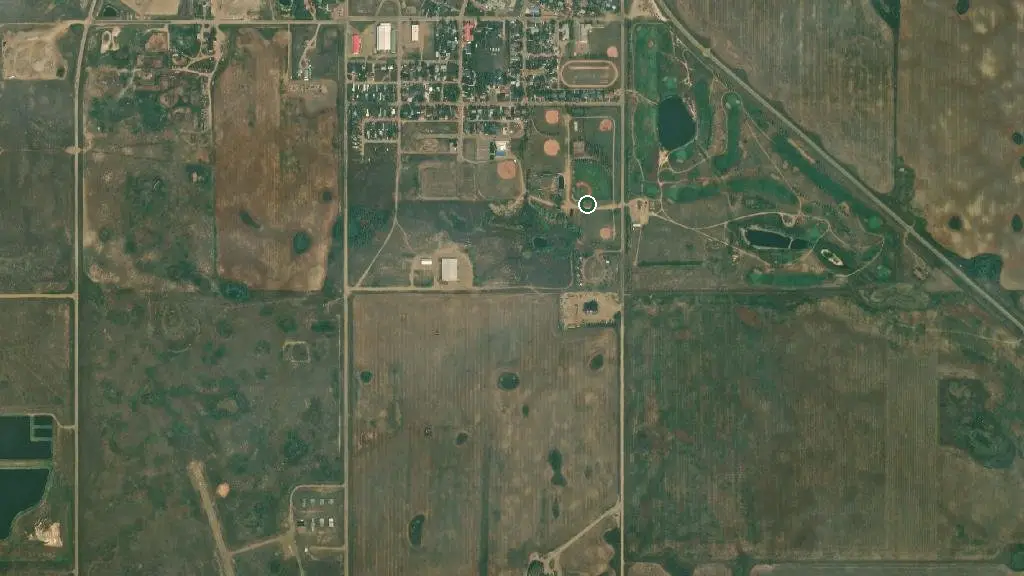 Aerial view of Oyen R.C.M.P. Centennial Park and surroundings