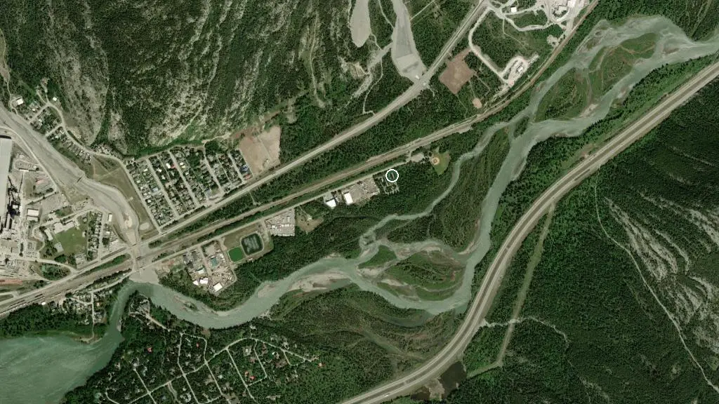 Aerial view of Exshaw Community Campground and surroundings