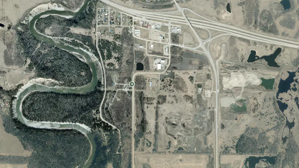 Aerial view of Entwistle RV Campground and surroundings