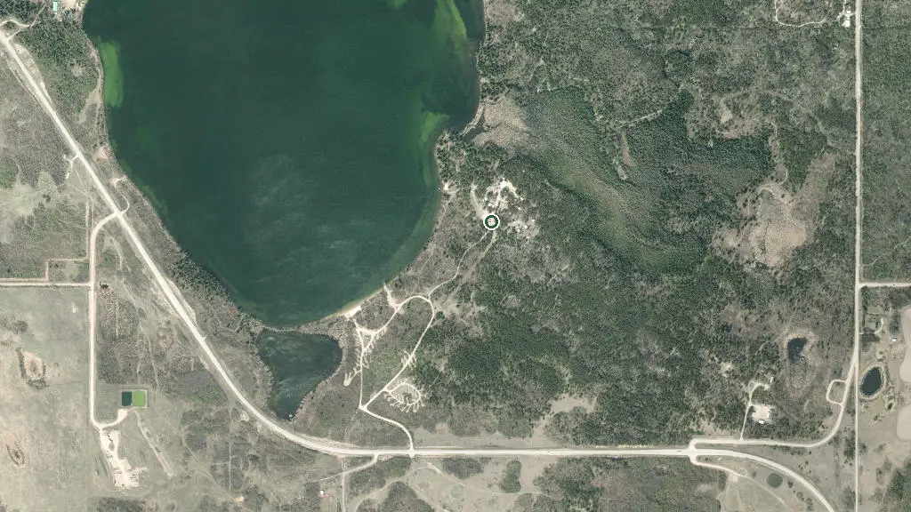 Aerial view of Whitney Lake CSSM Bible Camp and surroundings