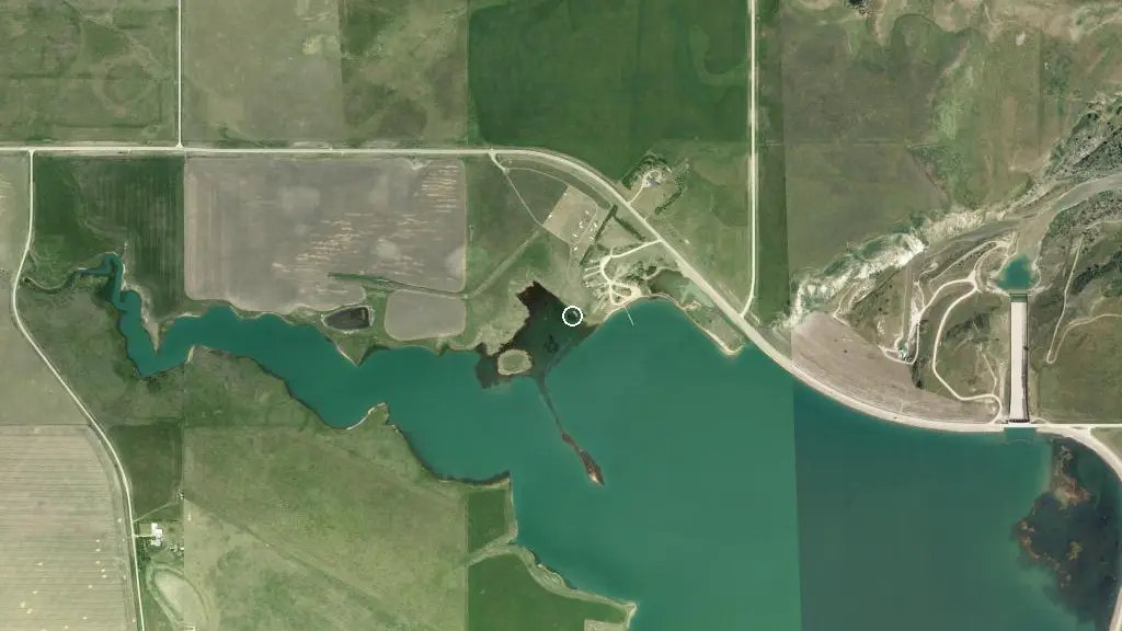 Aerial view of Waterton Reservoir Provincial Recreation Area and surroundings