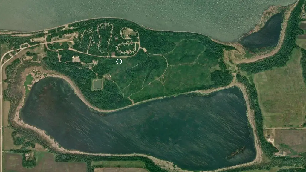 Aerial view of Saskatoon Island Provincial Park and surroundings