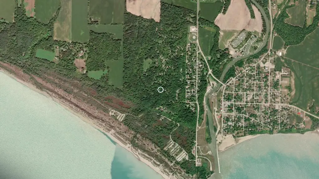Aerial view of Port Burwell Provincial Park - Alzora Campground and surroundings